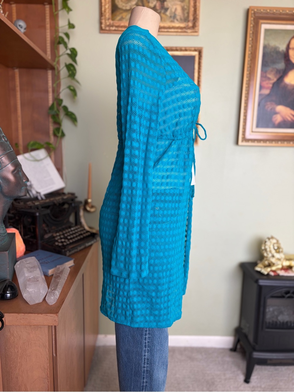 Jantzen Teal Crochet Eyelet Swimsuit Coverup Women’s Size L Boho Chic Fairycore - Picture 7 of 16